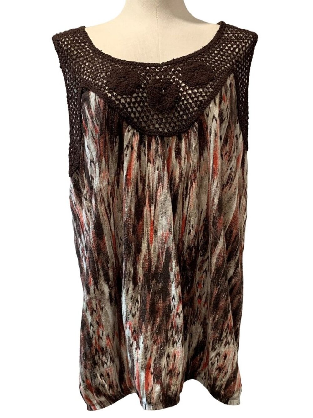 ANA Sleeveless Blouse Tank Plus Size 1X Crochet Yoke Top Abstract Print Cotton